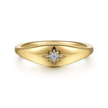 GABRIEL & CO- 14K Yellow Gold Diamond Starburst Signet Ring D.02TW